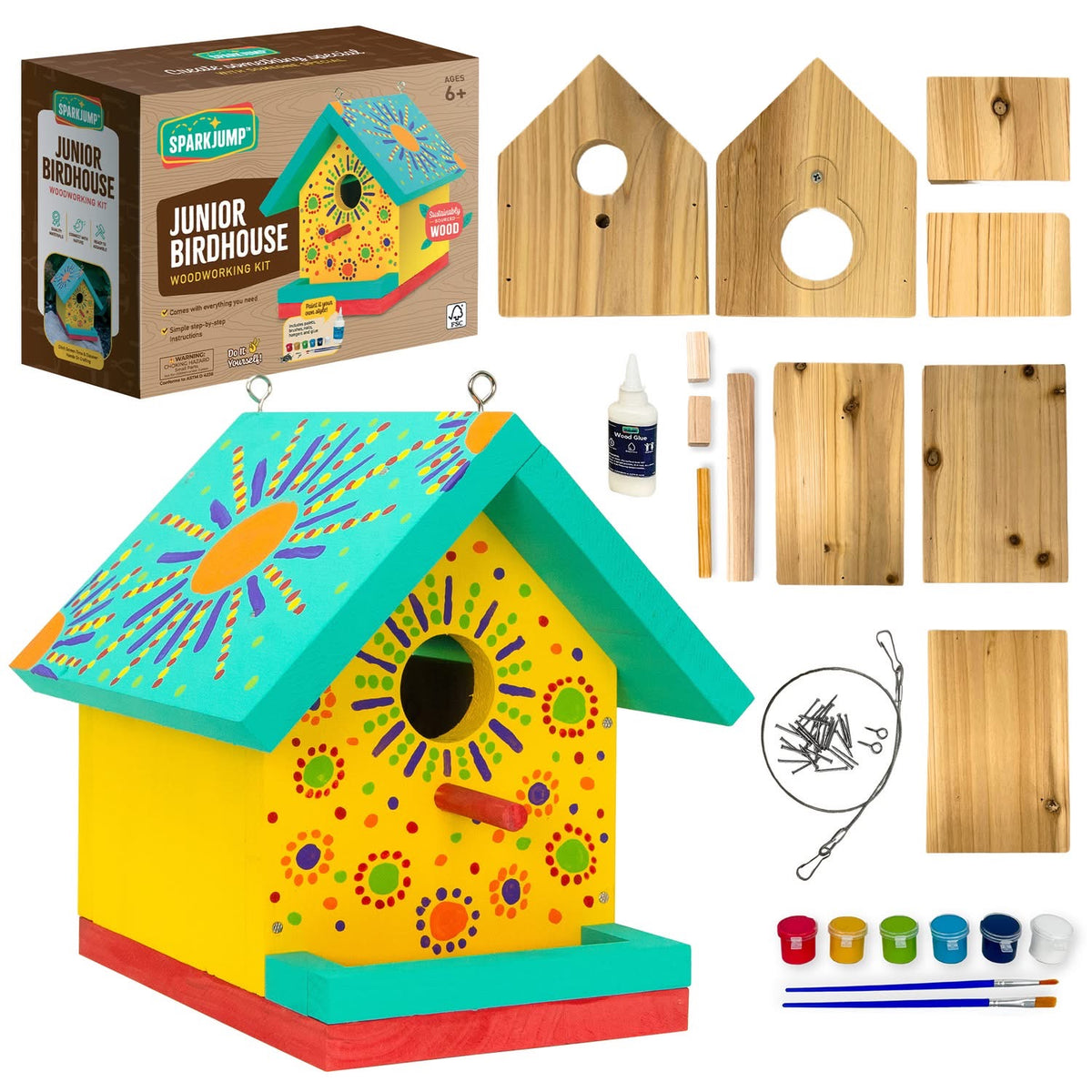 SparkJump Junior Birdhouse Maker Kit contents, woodworking kit for kids Australia.